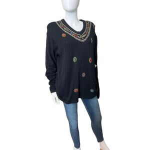Vintage Black Jeweled Sequin Karen Scott Silk Angora Sweater, L NWT